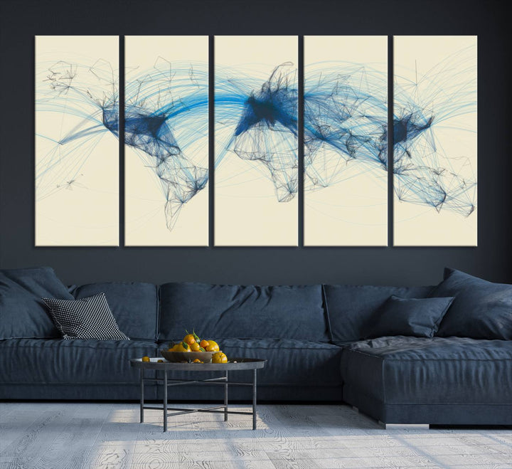 Flight Routes Map: Air Traffic Avi World Map featuring blue lines symbolizing global data. Ideal for home decor and ready to hang.