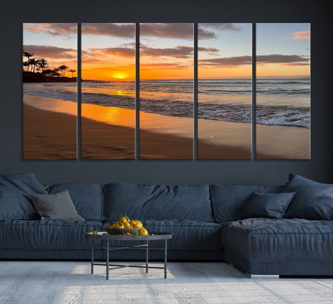 Sunset Wall Art Print featuring a beach sunset with waves and palms, perfect for coastal decor.