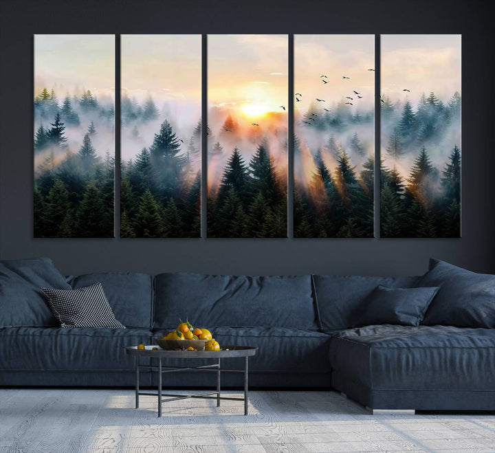 Sunrise over a misty forest with rays filtering through trees in the Abstract Forest Wall Art featuring soaring birds.
