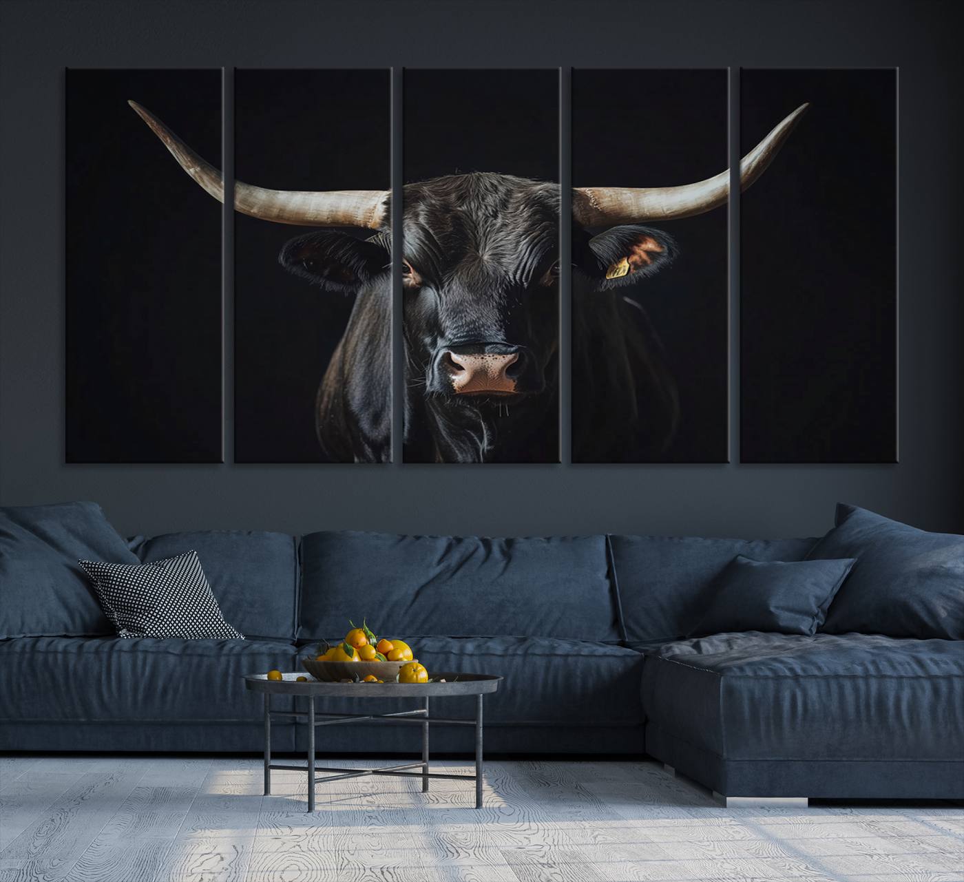 Canvas of a black longhorn bull against a dark background, featuring moody tones and western character for rustic or cowboy-inspired spaces.
