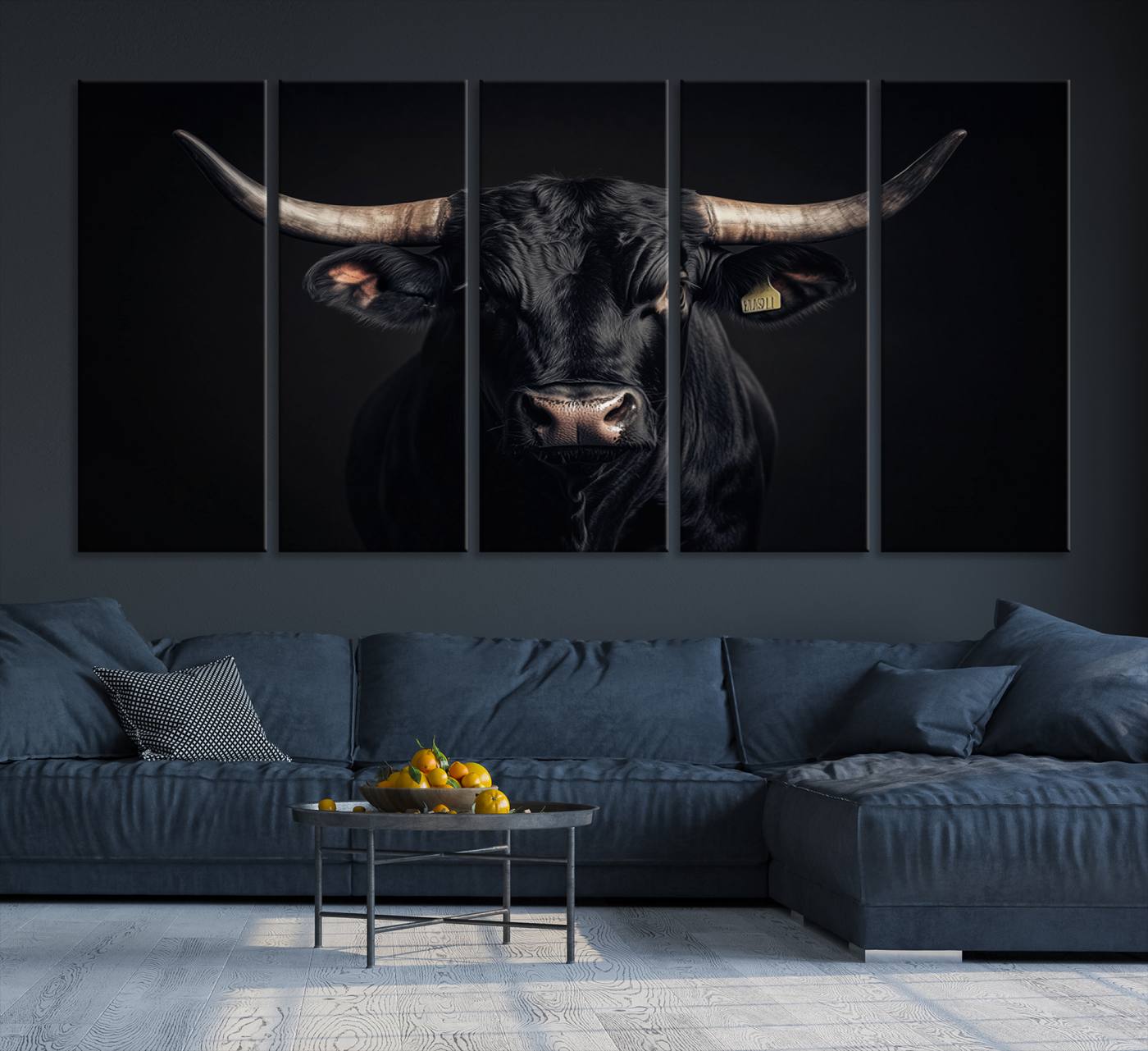 Canvas featuring a black horned bull in moody lighting on a dark background, perfect for western or rustic farmhouse-style home decor.