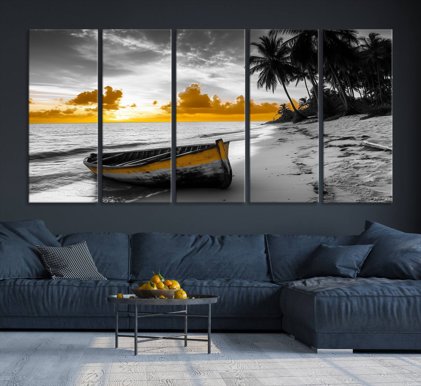 Canvas of a yellow rowboat on a black and white tropical beach with golden sunset sky, ideal for coastal or tropical-themed home decor.