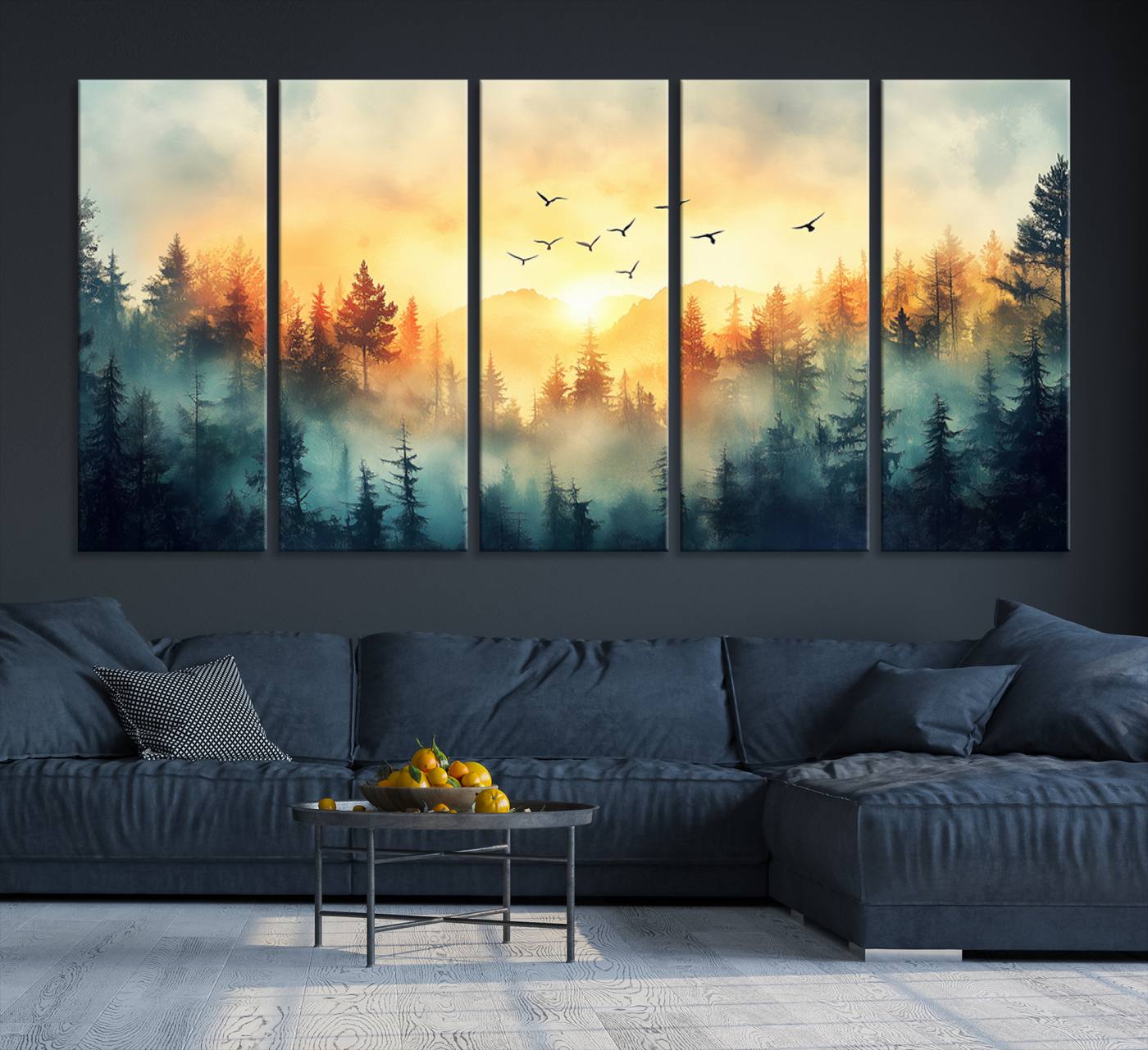 Canvas of a misty pine forest at sunrise with golden light and birds flying across the sky, perfect for tranquil nature-themed wall decor.