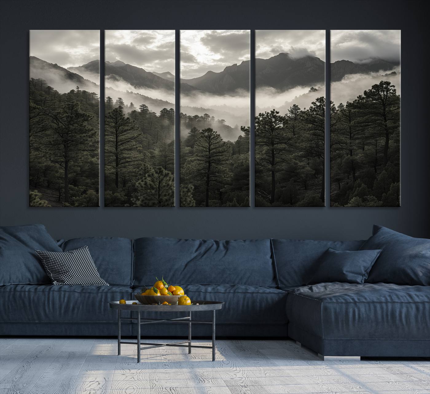 Canvas of moody pine forest and foggy mountain peaks under overcast skies, ideal for calm and rustic woodland-themed home decor.