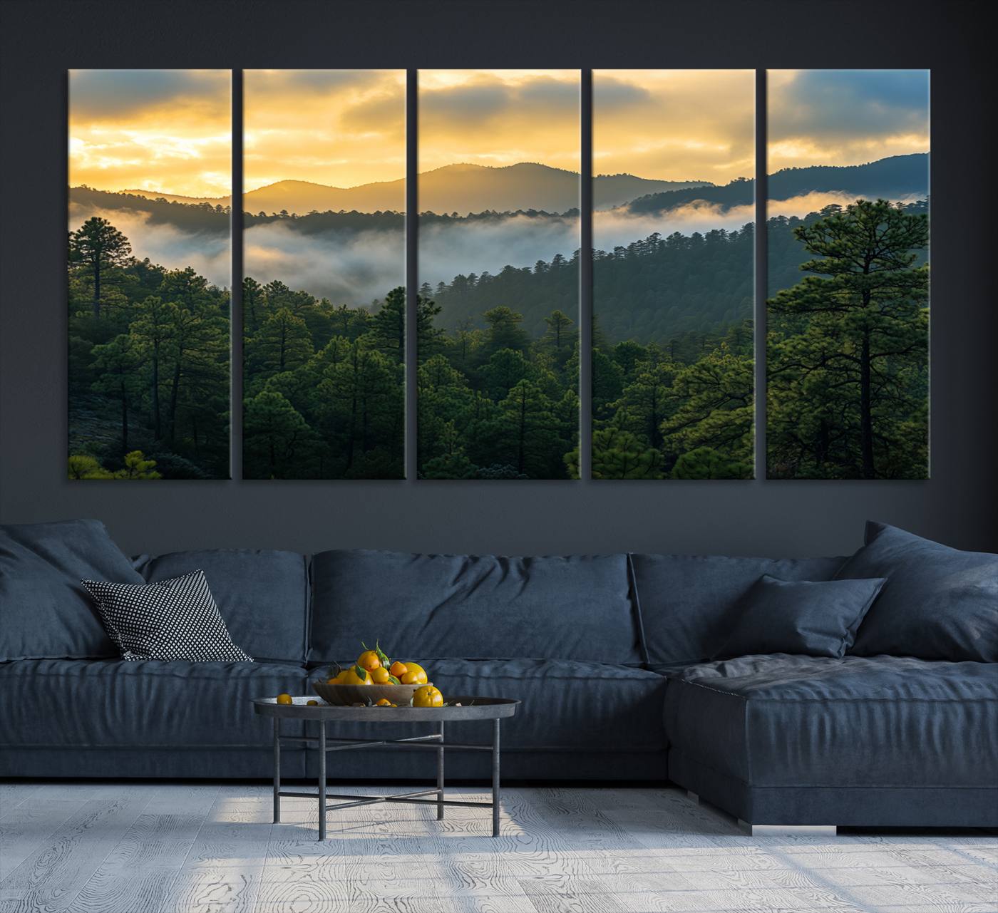 Canvas of misty pine-covered mountains at sunrise, featuring golden light and fog layers, ideal for tranquil earthy home decor.