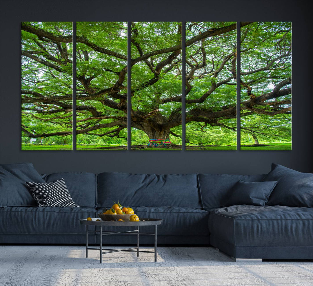 Framed Angel Oak Tree print featuring sprawling branches and ribbons against a clear sky backdrop, ideal for home or office decor.