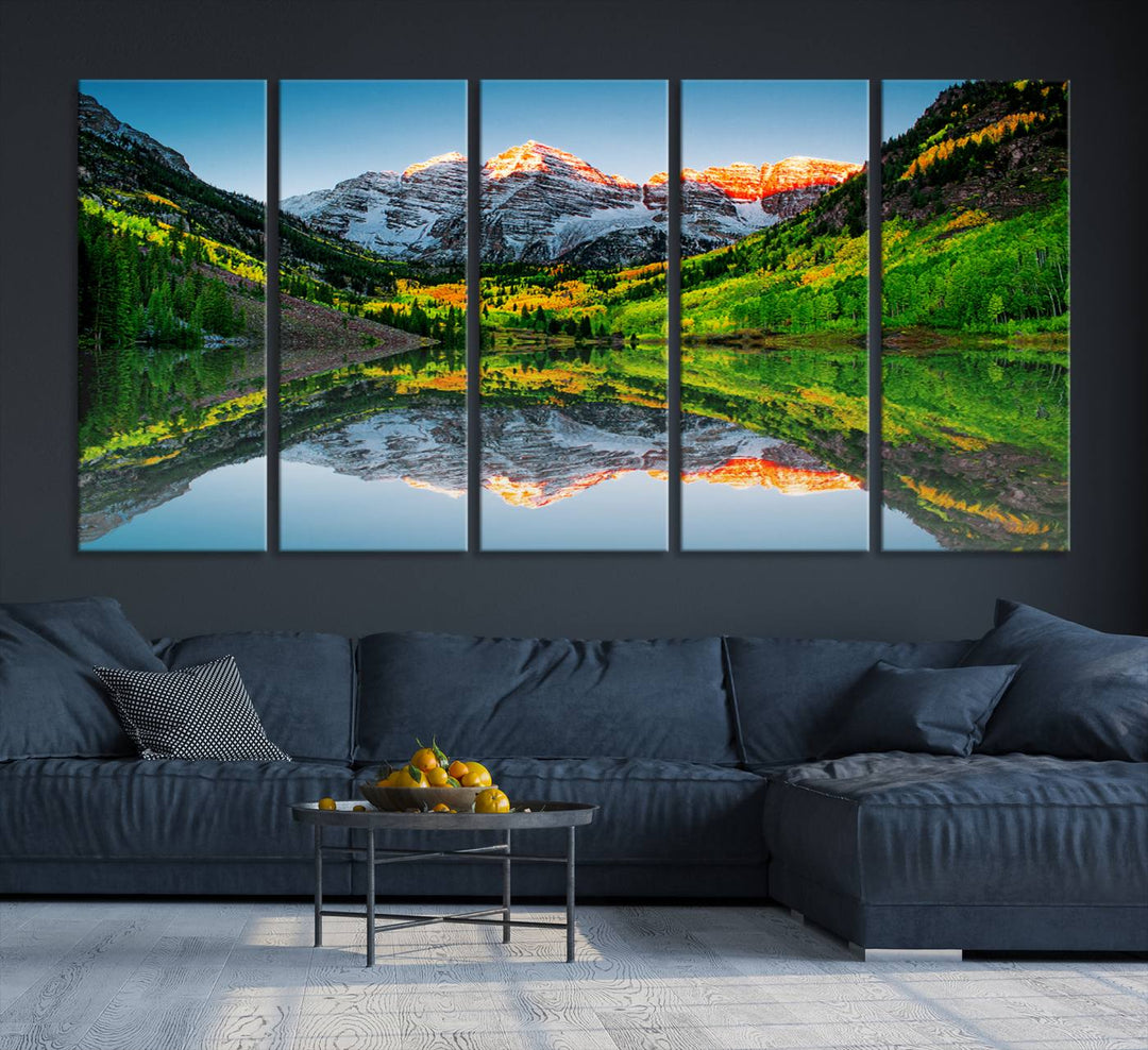 The Sunrise Maroon Bells Lake Wall Art Print beautifully captures North Maroon Peak mirrored in the tranquil lake, framed by lush greenery.