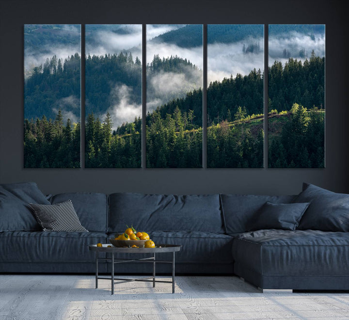 Moody canvas of misty pine forests over layered hills, perfect for cool-toned nature-inspired or woodland-style home decor.