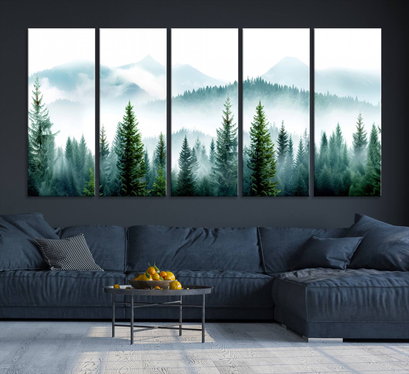 16716676-MGV-CV-36X24-Pine Forest Wall Art Canvas Print – Misty Mountains Foggy Trees Serene Woodland Nature Artwork for Home Office
