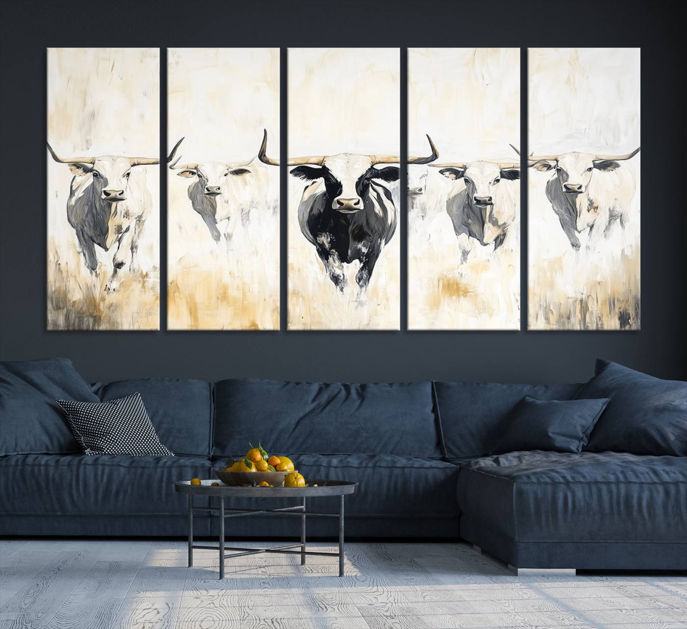 40397799-MGV-CV-36X24-Texas Longhorn Wall Art Canvas Print – Rustic Western Bull Herd Neutral Tones Country Ranch Artwork for Home Office