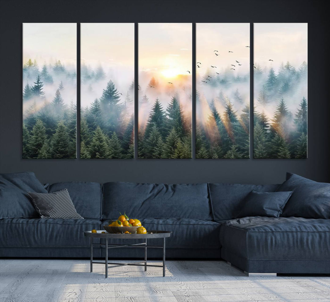 Misty Pine Forest Wall Art: A depiction of sunrise over foggy trees and birds against a bright sky; a framed woodland scene ideal for home or office decor.