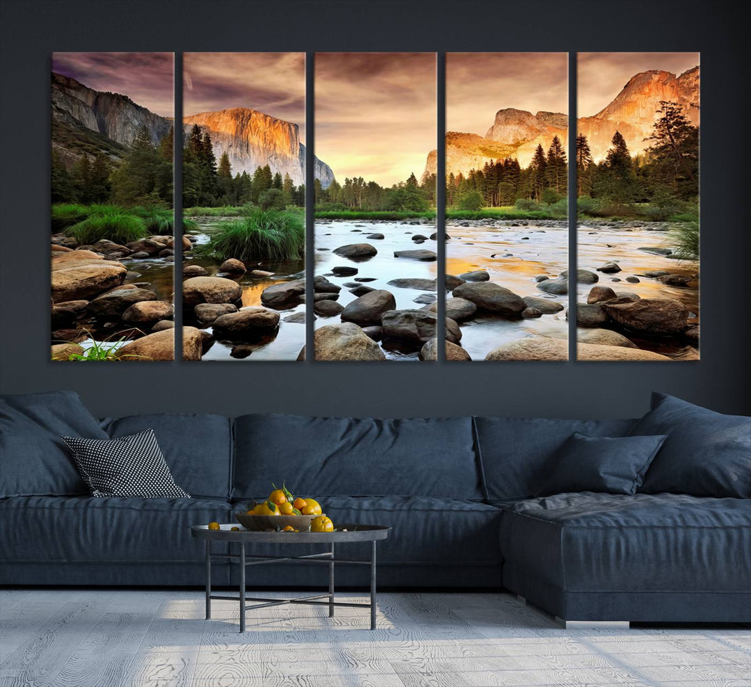 A tranquil riverside sunset mirrors the beauty of a Yosemite wall art masterpiece like the Large El Capitan Print.