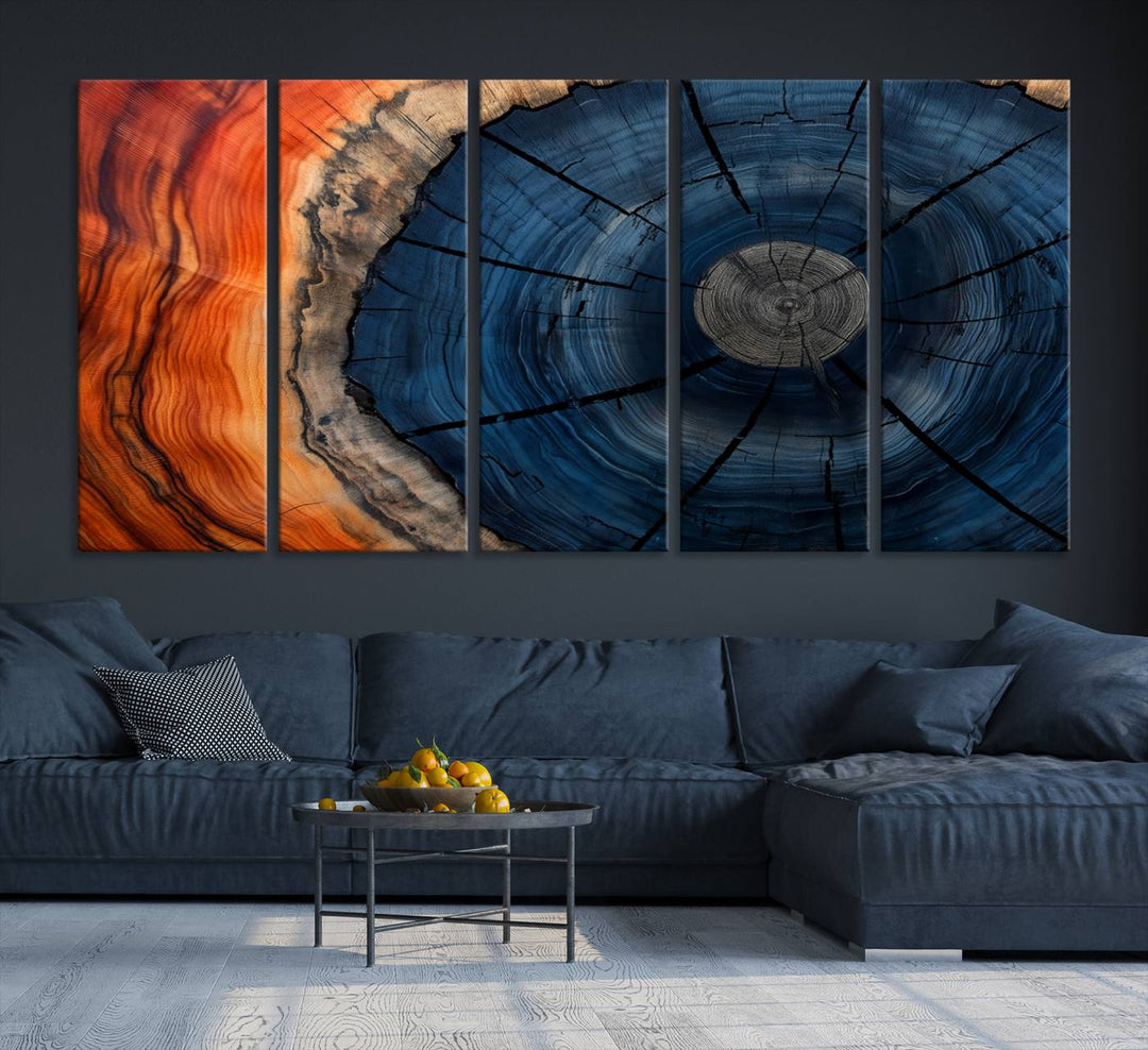 Abstract Tree Rings Canvas Print with vibrant colors—ideal farmhouse wall art for a woodland-themed home.