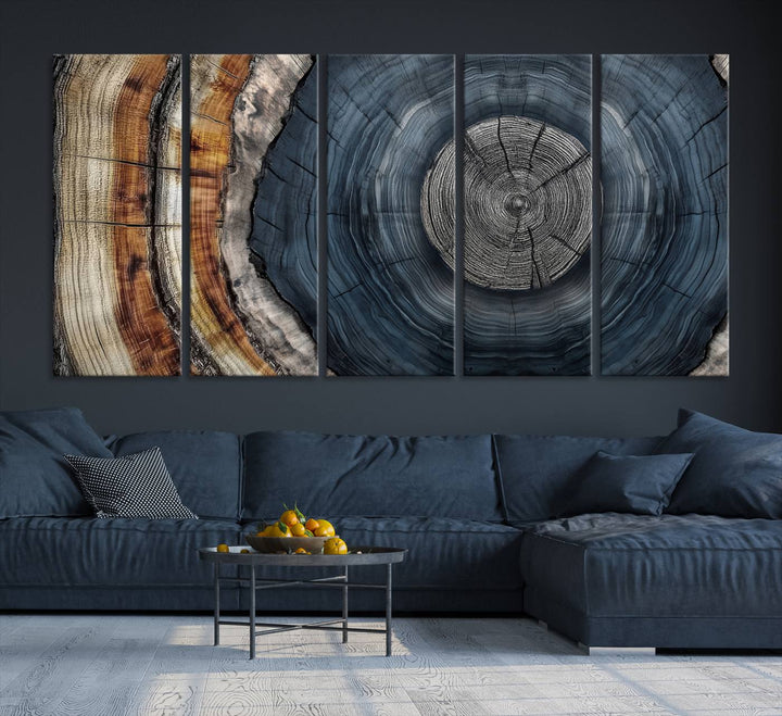 Close-up of the Abstract Tree Rings Wall Art Print featuring shades of blue, brown, and gray.