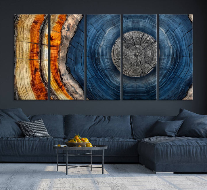 Vibrant Abstract Tree Rings in Orange, Brown, and Blue - Canvas Print for Nature Woodland Wall Decor.