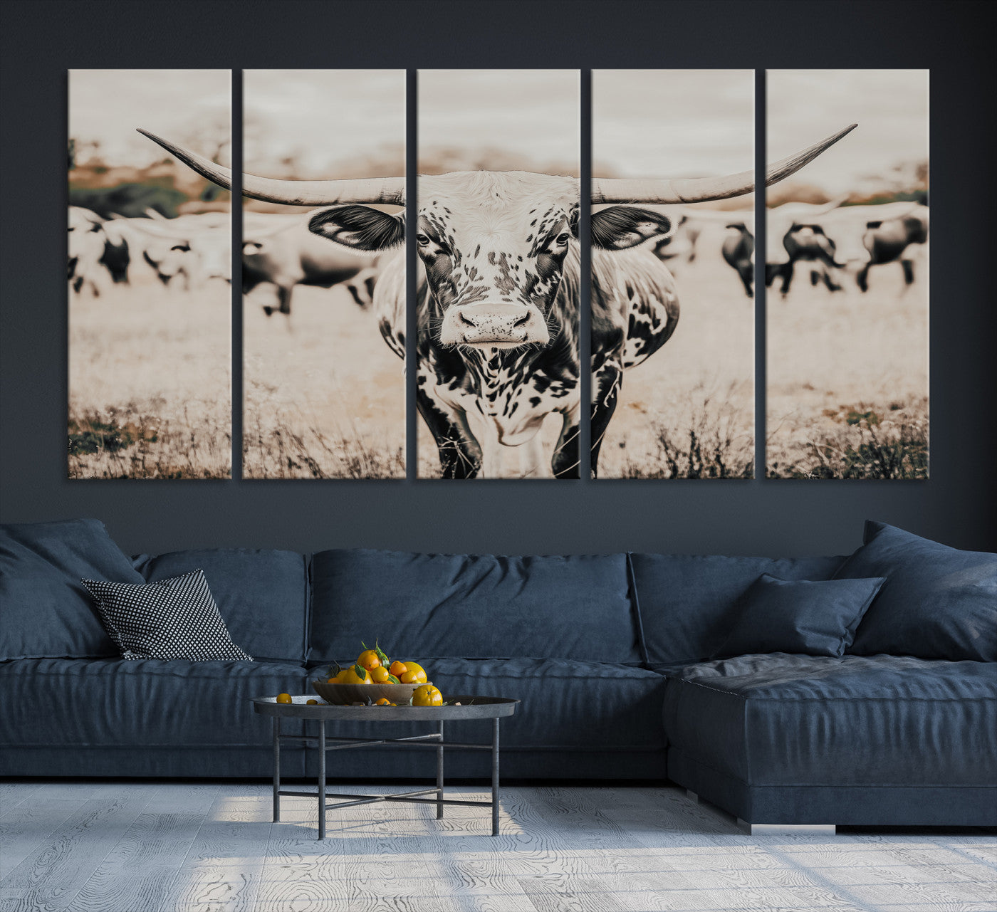 27497342-MGV-CV-36X24-Texas Longhorn Wall Art Canvas Print, Framed Speckled Cow Art Picture Print, Horned Cattle Perfect Rustic Western Decor Artwork
