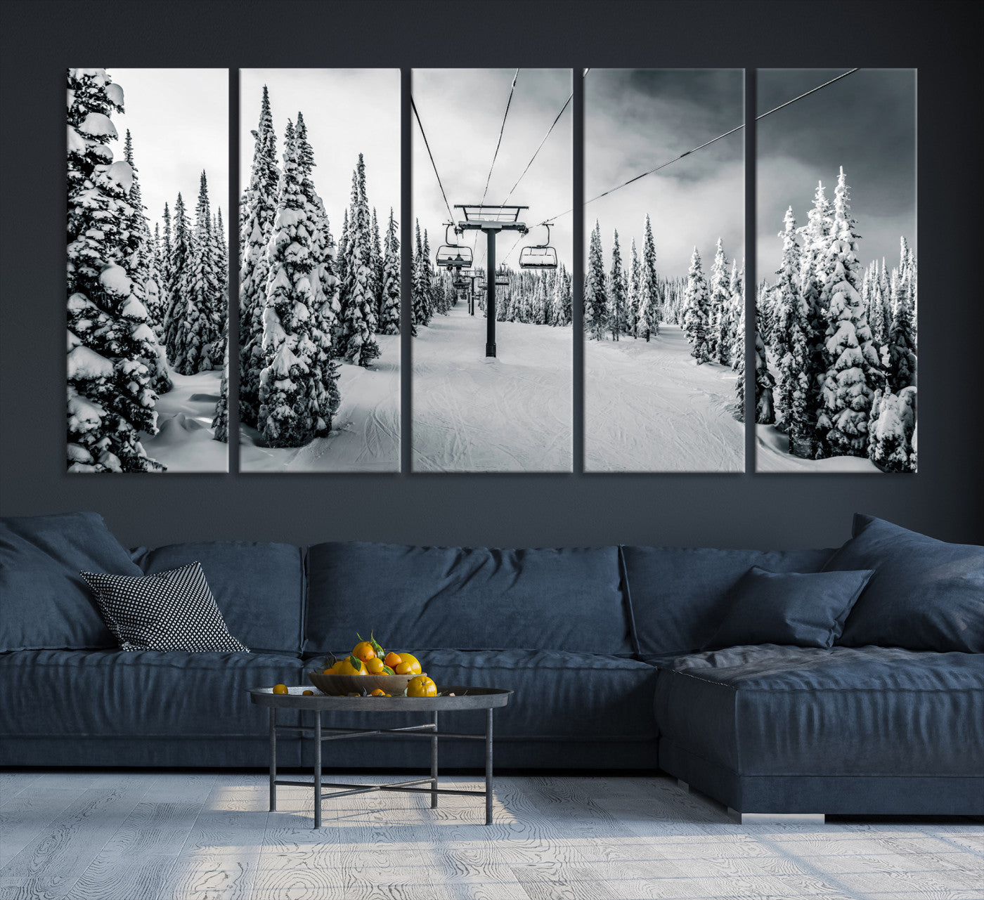 31156828-MGV-CV-36X24-Snowy Pines Wall Art Canvas Print, Framed Ski Lift Art Picture Print, Winter Forest Perfect Moody Lodge Decor, Ski Lift Wall Art Canvas