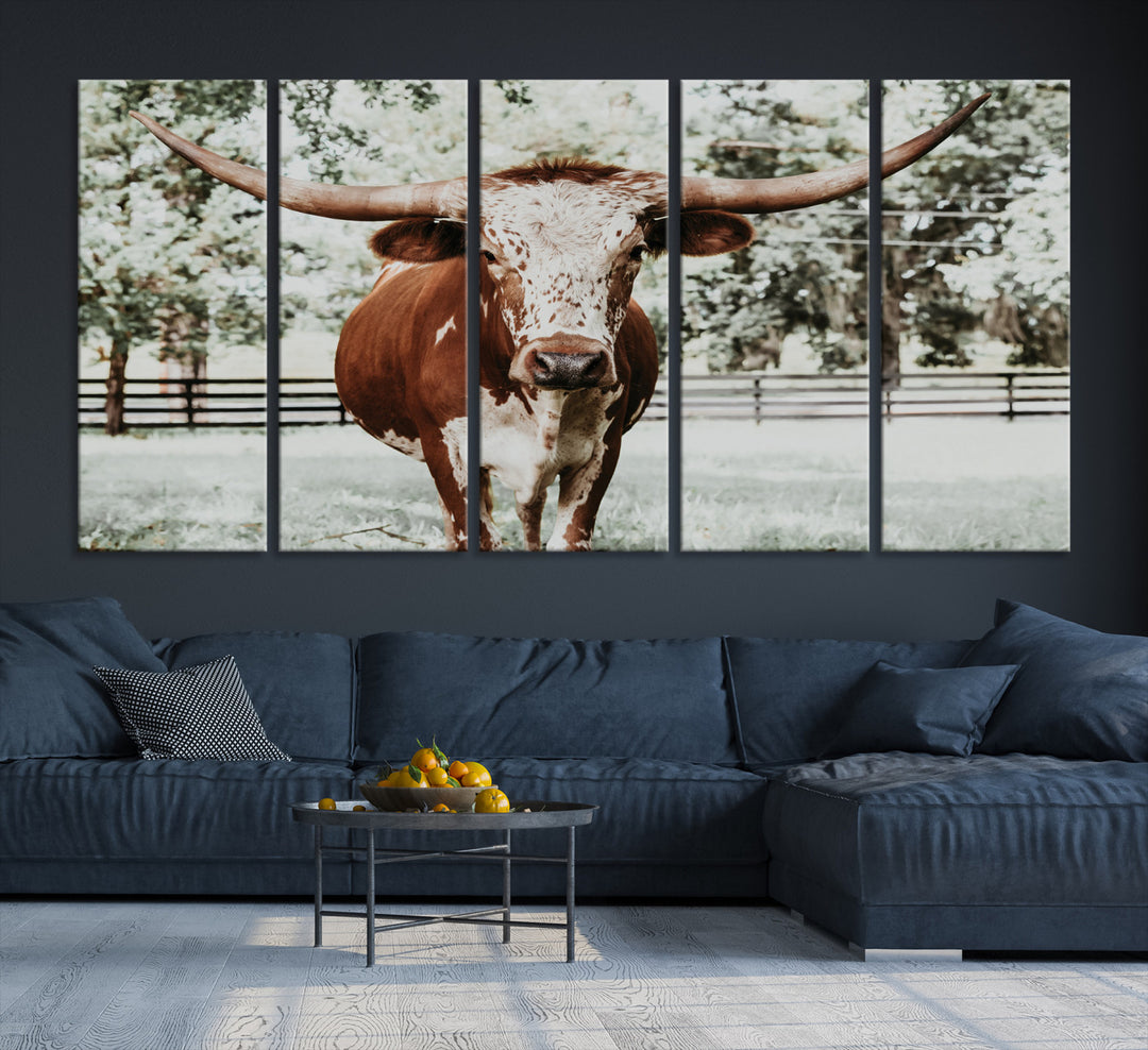 Texas Longhorn Wall Art Canvas Print, Framed Spotted Cow Art Picture Print, Horned Cattle Perfect Rustic Western Decor, Framed Horned Cattle Print