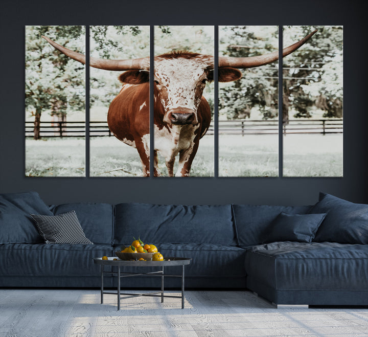 Texas Longhorn Wall Art Canvas Print, Framed Spotted Cow Art Picture Print, Horned Cattle Perfect Rustic Western Decor, Framed Horned Cattle Print