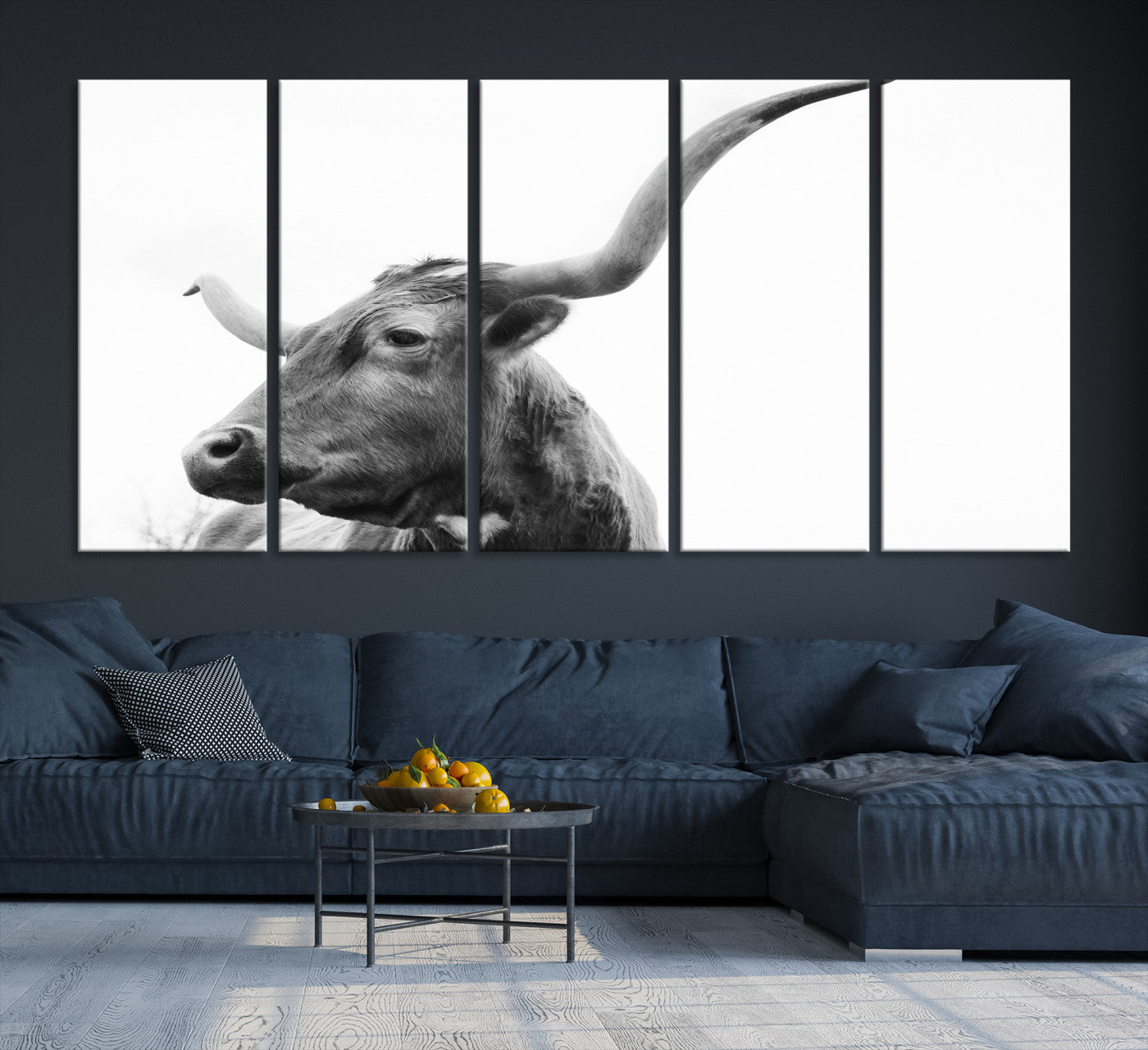 64392617-MGV-CV-36X24-Longhorn Wall Art Wall Art Canvas Print, Framed Modern Ranch Style Art Art Picture Print, Monochrome Cow Print Perfect Rustic Western Decor