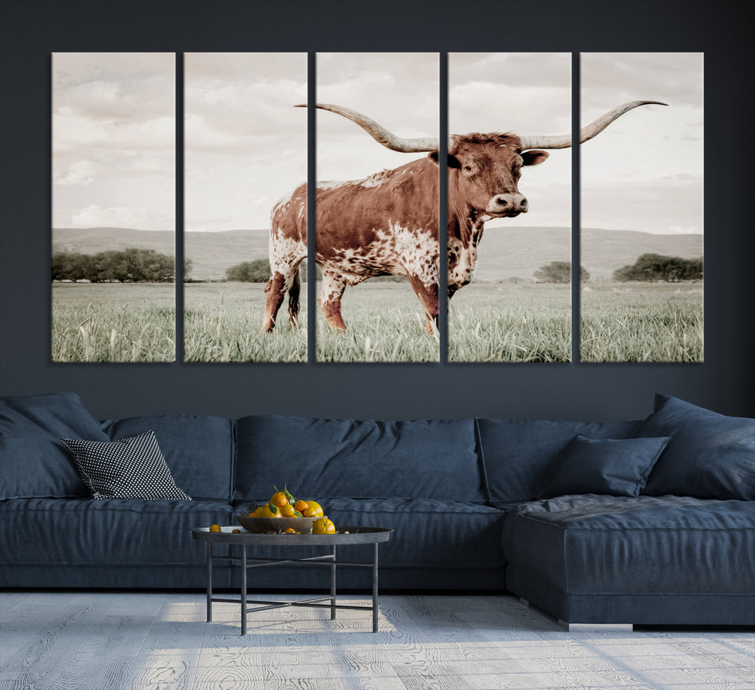 Texas Longhorn Wall Art Canvas Print, Framed Spotted Cattle Art Picture Print, Horned Bull Perfect Rustic Western Decor Artwork