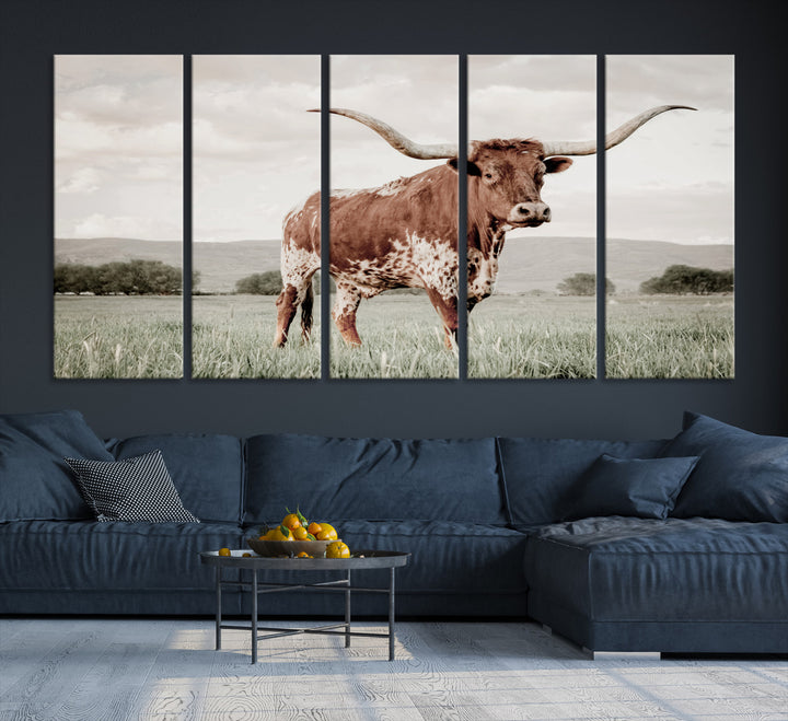 Texas Longhorn Wall Art Canvas Print, Framed Spotted Cattle Art Picture Print, Horned Bull Perfect Rustic Western Decor Artwork