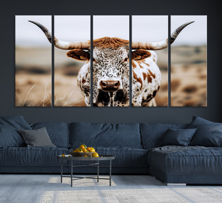 Texas Longhorn Wall Art Canvas Print, Framed Spotted Cow Art Picture Print, Horned Cattle Perfect Rustic Western Decor Artwork