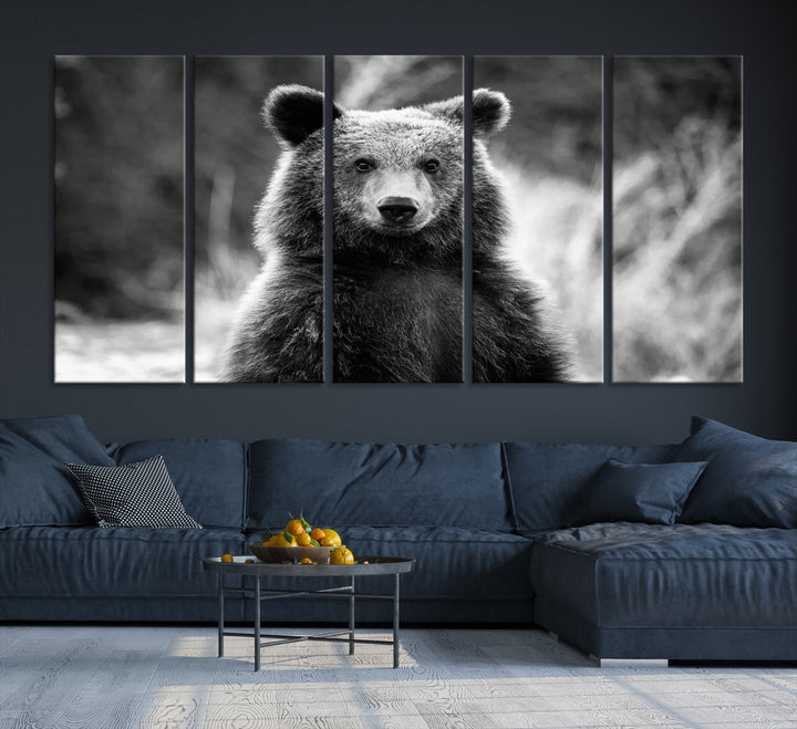 Grizzly Bear Wall Art Canvas Print, Framed Black White Bear Art Picture Print, Wild Bear Perfect Rustic Wildlife Decor