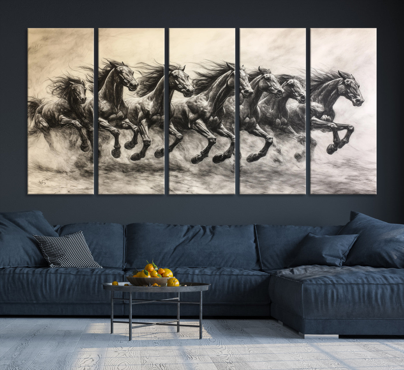 56089591-MGV-CV-36X24-Galloping Horses Wall Art Canvas Print – Framed Wild Stallions Herd Sketch Dynamic Equestrian Artwork for Home Office