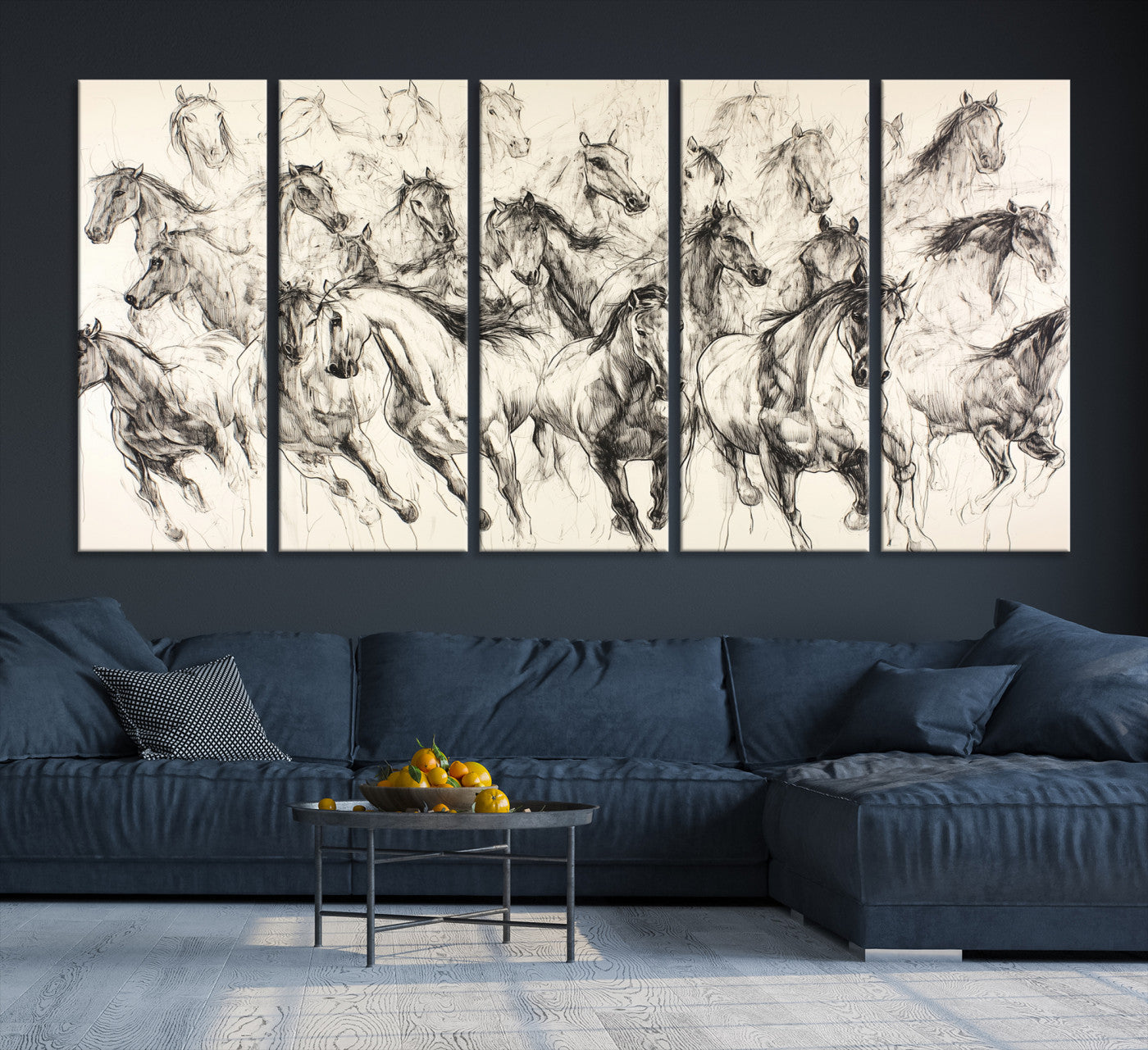 19433417-MGV-CV-36X24-Running Horses Wall Art Canvas Print – Framed Galloping Herd Dynamic Equestrian Sketch Nature Artwork for Home Office