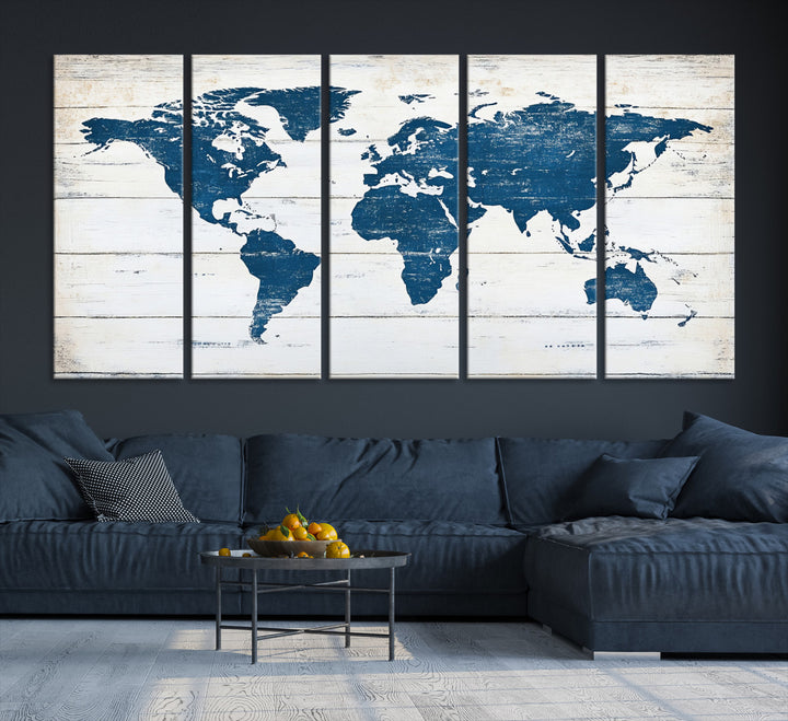 Rustic world map with blue continents on distressed wooden planks, perfect for coastal, explorer, or vintage-style wall decor.