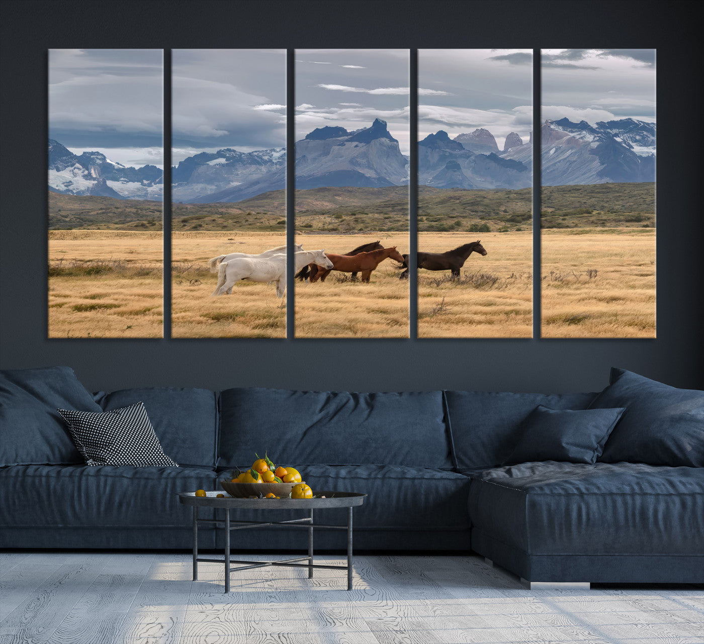 69960232-MGV-CV-36X24-Horses Grazing Wall Art Canvas Print – Framed Mountain Field Scenic Landscape Cloudy Sky Nature Artwork for Home Office