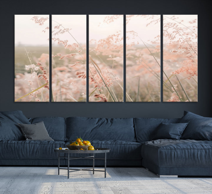 Pastel Grasses Wall Art Canvas Print, Soft Meadow Print, Framed Field in Breeze Art Print, Large Pink Meadow Printing Soft Pastel