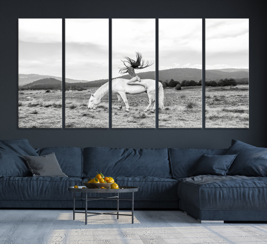 White Horse Wall Art Canvas Print, Woman Rider Print, Framed Equestrian Pose Art Print, Large Grazing Horse Printing Western Boho