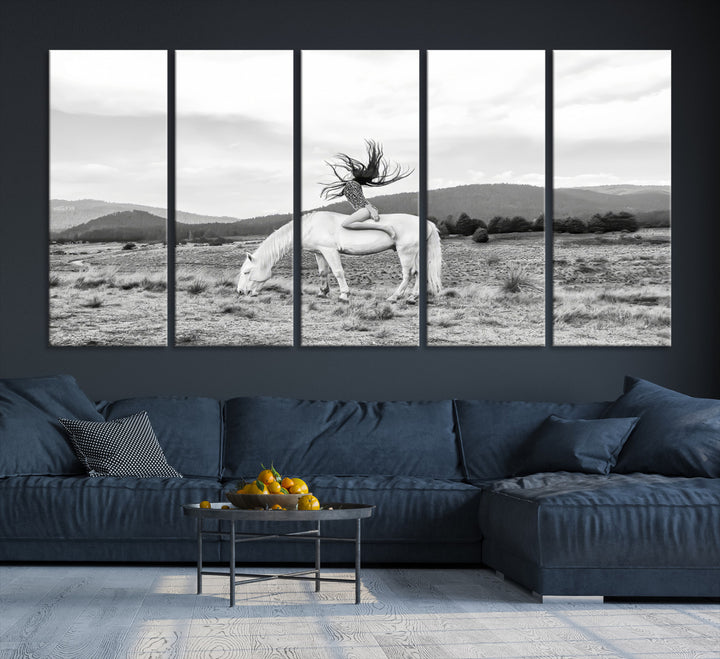 White Horse Wall Art Canvas Print, Woman Rider Print, Framed Equestrian Pose Art Print, Large Grazing Horse Printing Western Boho