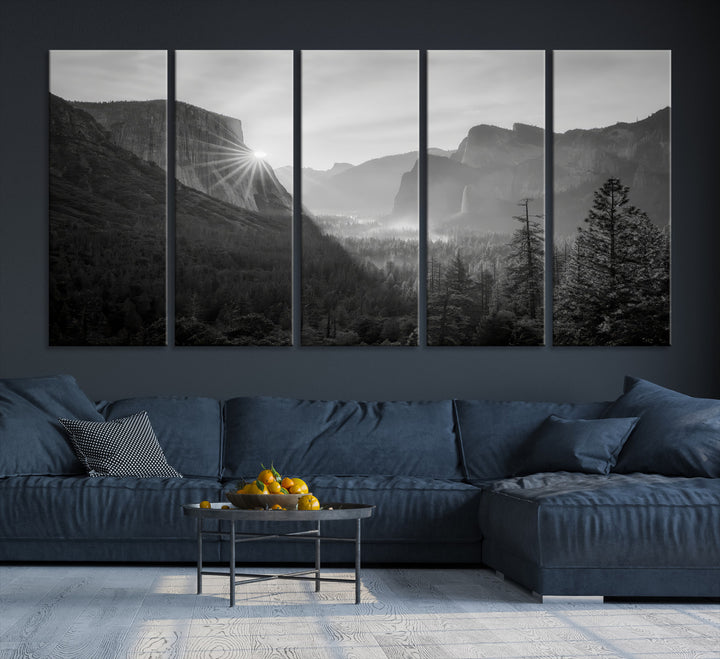 Yosemite Valley Wall Art Canvas Print, El Capitan Sunrise Print, Framed Misty Mountain Art Print, Large Monochrome Valley Printing