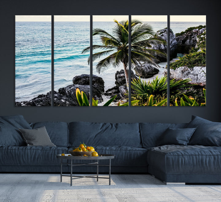 Framed canvas of a vibrant tropical coastline with palm trees, rocky cliffs, and turquoise waters, ideal for tropical coastal home decor.