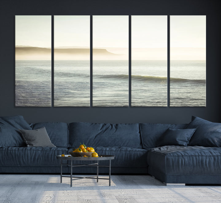 Canvas of a misty ocean scene with coastal cliffs and soft neutral tones, ideal for Scandinavian coastal or minimalist nature-inspired home decor.