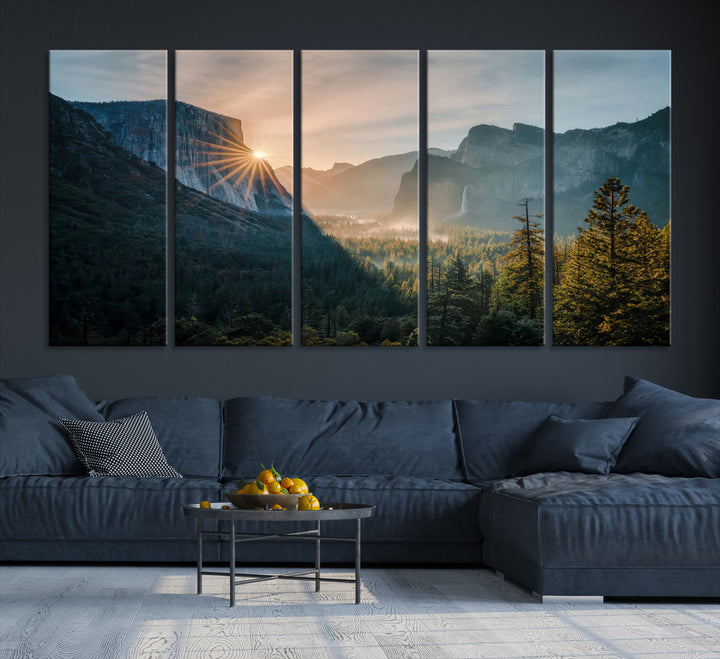 Canvas of Yosemite Valley at sunrise with dramatic rays and earthy tones, perfect for vintage explorer or wilderness-themed home decor.