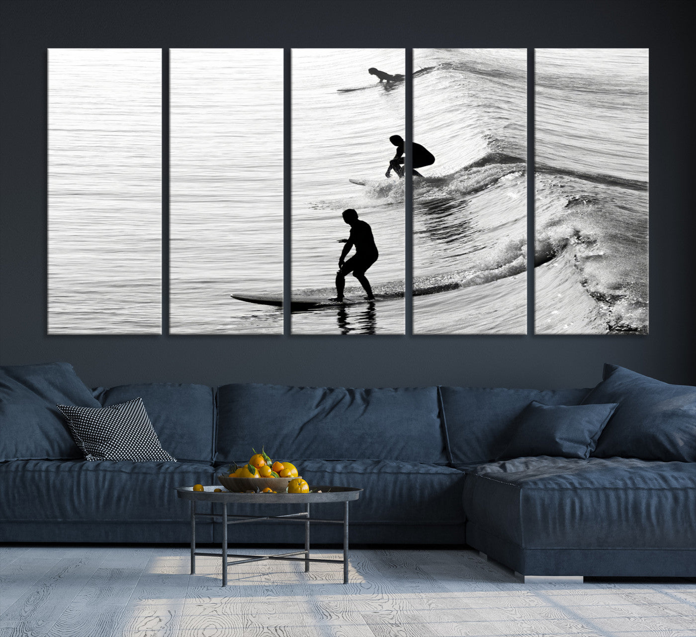 19875284-MGV-CV-36X24-Surfers on Waves Wall Art Canvas Print – Framed Black and White Surf Ocean Monochrome Beach Artwork for Home, Office
