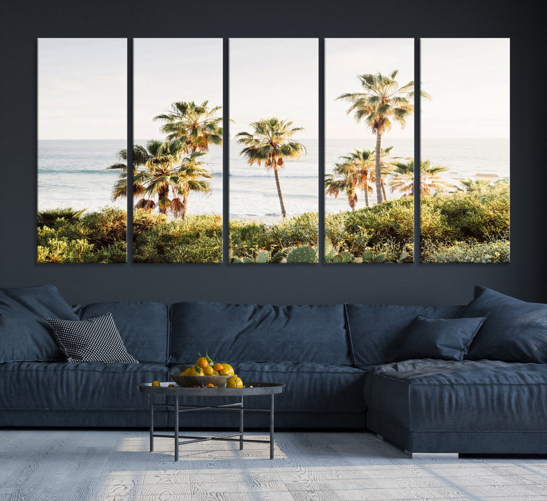 Framed print of sunlit palm trees on the California coast with warm tones, perfect for coastal minimalist or beach-style home decor.