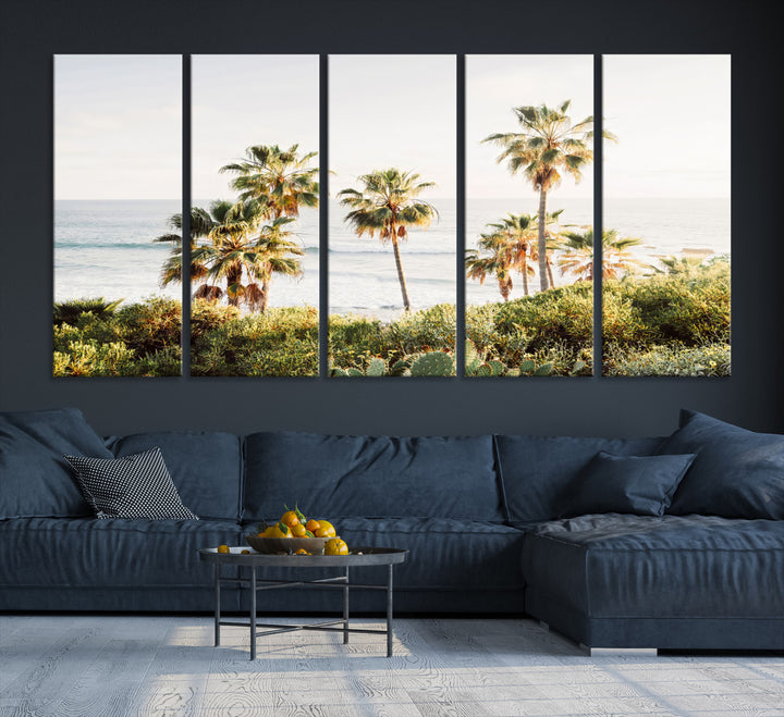 Framed print of sunlit palm trees on the California coast with warm tones, perfect for coastal minimalist or beach-style home decor.