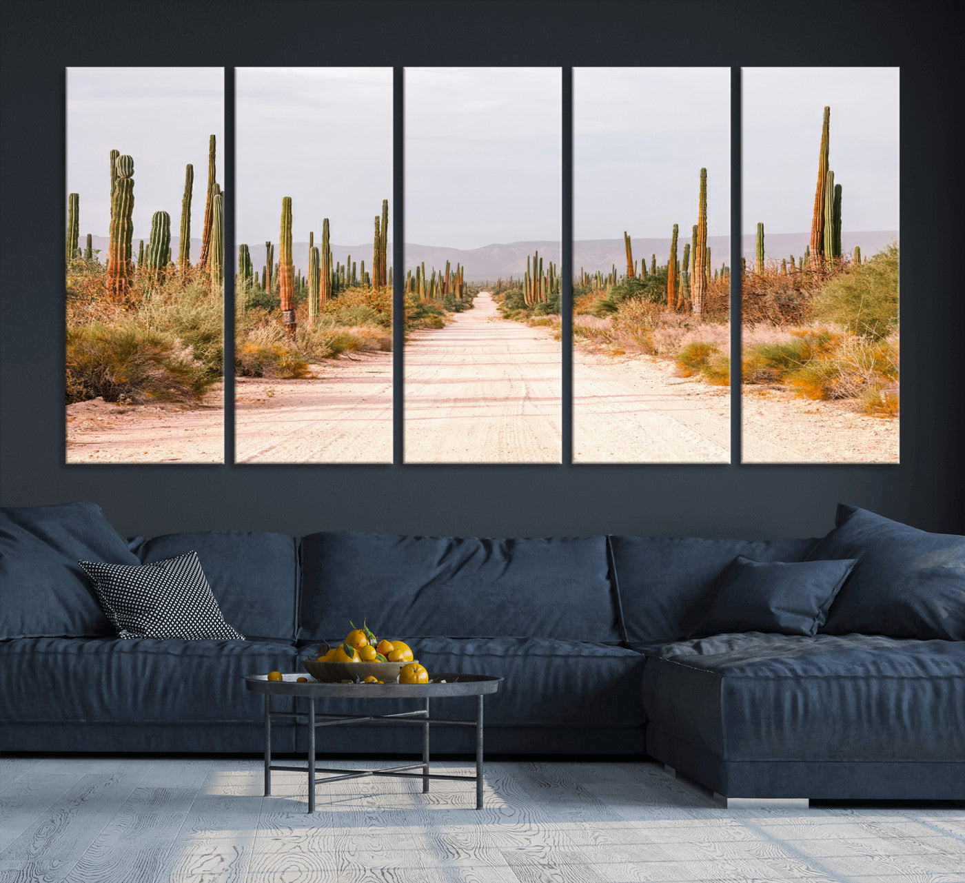 MGV-CV-60X31-5P - Desert Cactus Lined Road Wall Art Canvas Print, Framed Southwestern Landscape Art Picture Print, Bohemian Western Aesthetic Perfect Southwestern Boho Decor Artwork