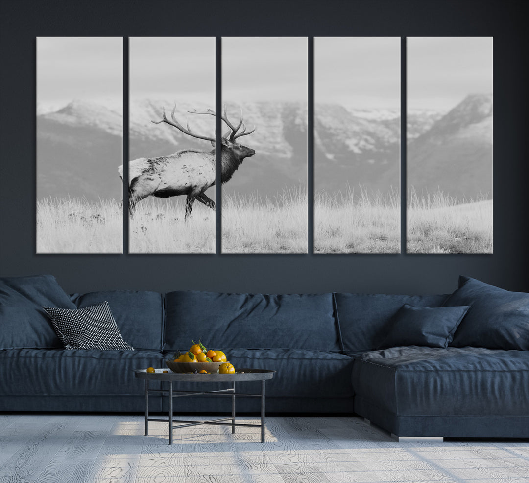 Rustic Elk Wall Art Canvas Print, Wildlife Antler Print, Framed Western Hunting Lodge Art Print, Large Mountain Nature Scene Printing Perfect for Japanese Decor