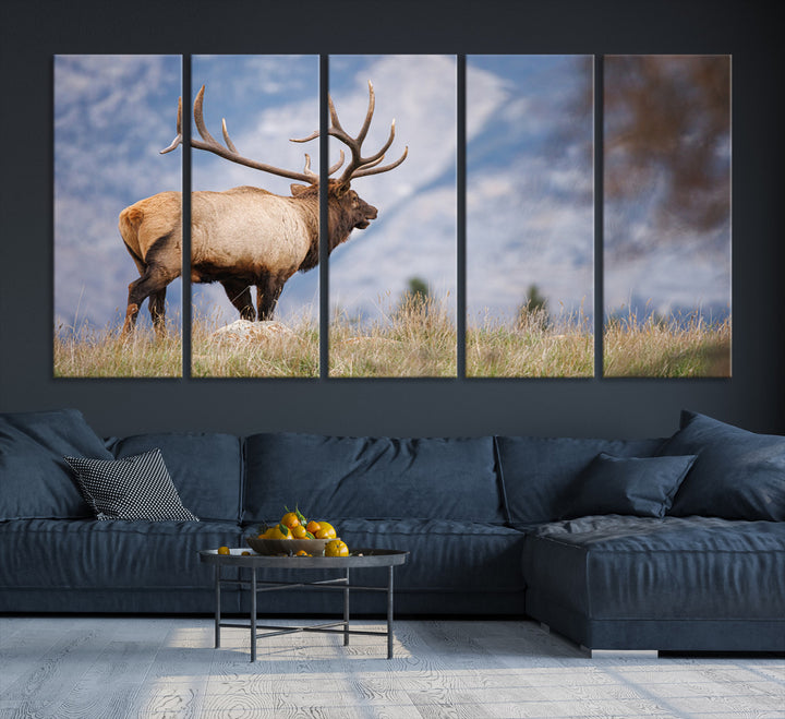 Rustic Elk Wall Art Canvas Print, Wildlife Antler Print, Framed Western Hunting Lodge Art Print