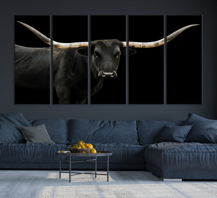 Black White Longhorn Bull Wall Art Canvas Print, Texas Ranch Print, Framed Western Cow Art Print for Farmhouse Decor - Longhorn Print