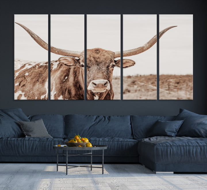 Longhorn Bull Photo Wall Art Canvas Print, Framed Rustic Cow Art Picture Print, Neutral Farmhouse Perfect Rustic Neutral Farmhouse Decor