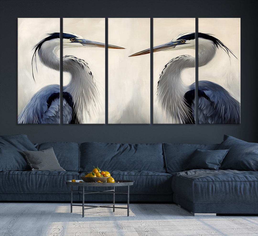 Blue Heron Pair Wall Art Canvas Print, Coastal Bird Theme Print, Framed Tranquil Wildlife Scene Art Print, Large Nature Inspired Decor Printing