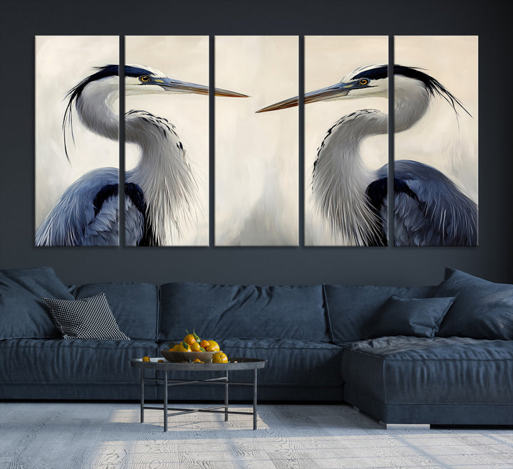Blue Heron Pair Wall Art Canvas Print, Coastal Bird Theme Print, Framed Tranquil Wildlife Scene Art Print, Large Nature Inspired Decor Printing