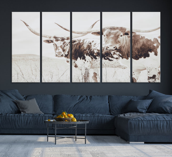 Longhorn Wall Art Wall Art Canvas Print, Western Cow Canvas Print, Framed Rustic Farm Decor Art Print, Large Neutral Animal Scene Printing